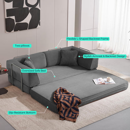 LINSY Home 79" Convertible Sofa Bed, 4-in-1 Corduroy Boneless Couches for Living Room, Folding Queen Size Futon, Floor Mattress Loveseat Sofa Bedroom Apartment Lounge, 2 Pillows, Grey