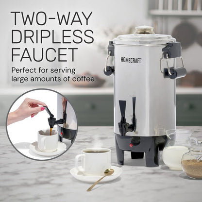 30 Cup Coffee Urn - Quick-Brewing Stainless Steel Double-Faucet - Perfect For Espresso, Hot Water, Tea, Hot Chocolate - Stainless Steel