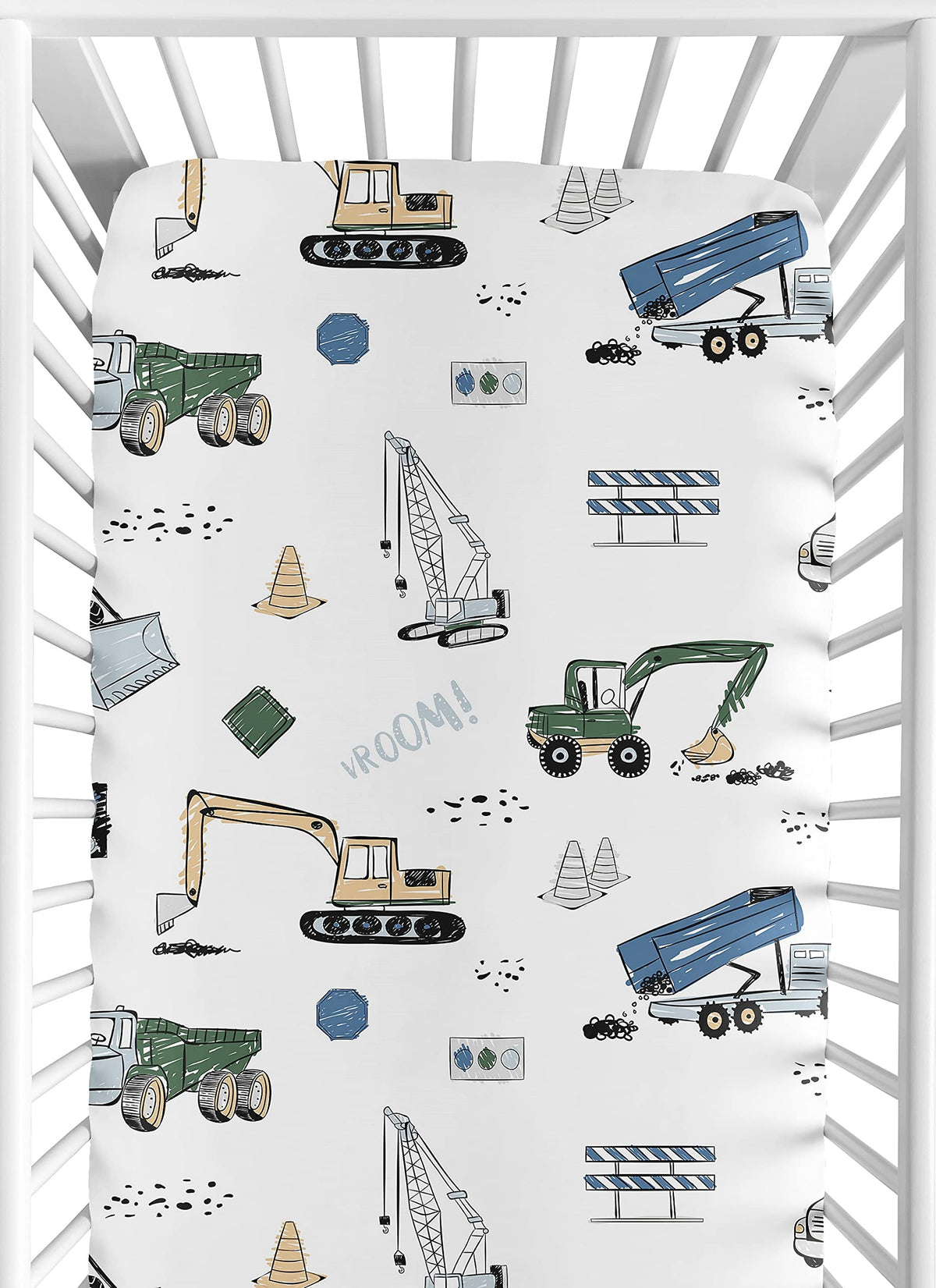 Sweet Jojo Designs Fitted Baby Crib Sheets (Green Construction Truck) for Boys, Infant Nursery, Toddler Room - Standard Size (Transportation, Bulldozer, Tractors, Cranes, Blue, Grey & Yellow, Trucks)