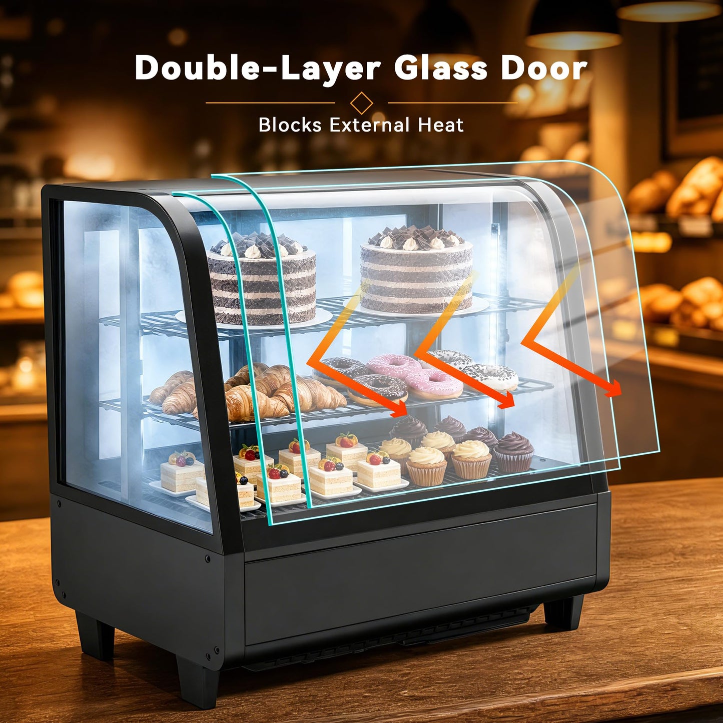 Tylza Commercial Refrigerator Display Case, 3.5 Cu.Ft/100L Countertop Refrigerated Showcase, White LED Lighting, Double Glass Door, 36-54°F, Auto Defrost for Bakery, Cafe, Store