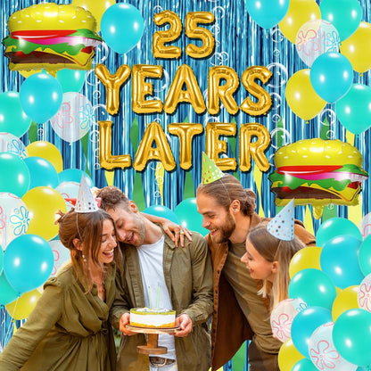 Sponge 25th Birthday Decorations, 25 Years Later letter Balloons Set for Ocean Theme Party,Birthday Decor,Mermaid,Baby Shark,with Hamburger Balloons,Blue Backdrop Bubble Garland and Crepe Paper