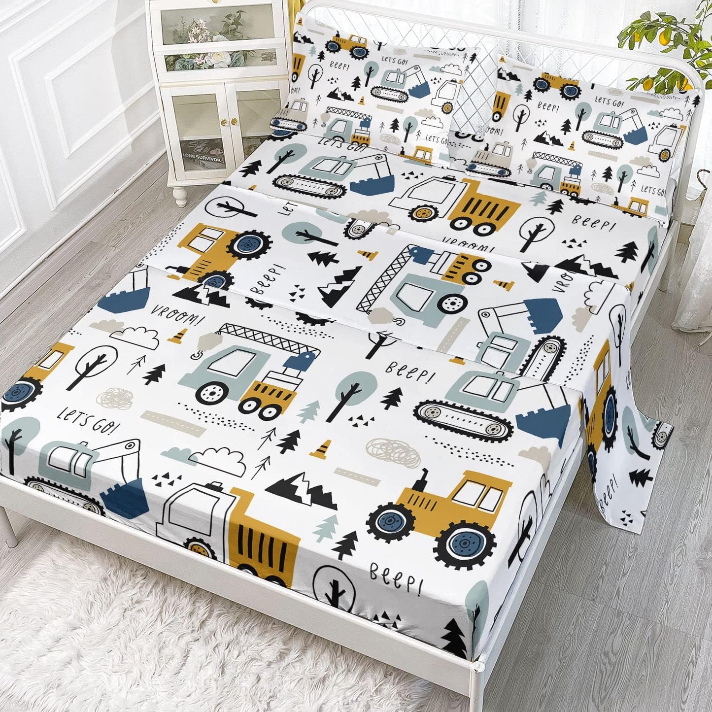 Datura home Set 4Pcs Set 1 1 2 Woodland Construction Sheets for Kids,Cartoon Excavator Truck Lifter Print Sheet