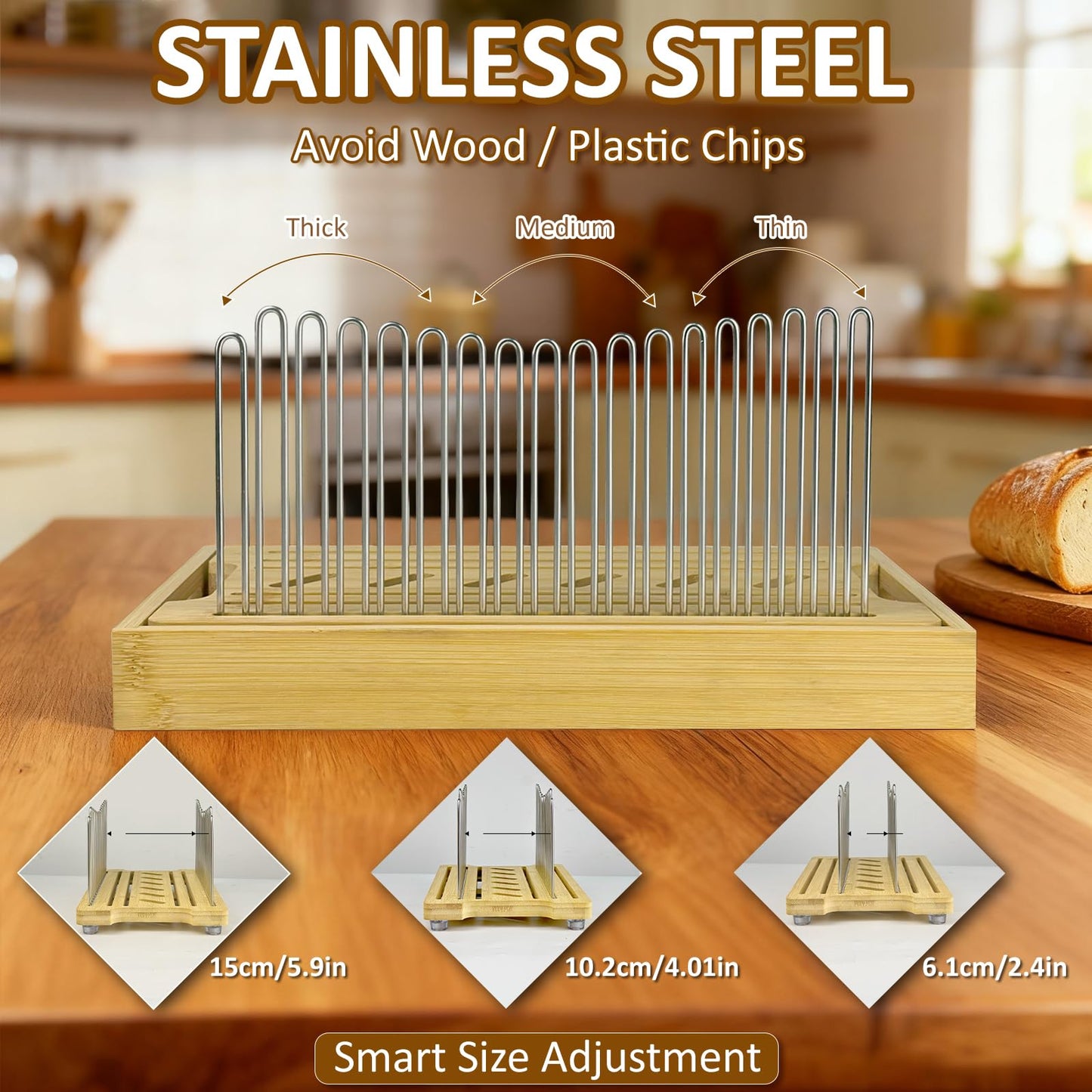 Bamboo Bread Slicer for Homemade Bread by Forest Manor - Adjustable Width Stainless Steel Slicing Guides & Crumb Tray -Sourdough Bread, Cakes, Loaves, Bagel Slicer - Kitchen Baking Tools & Gifts