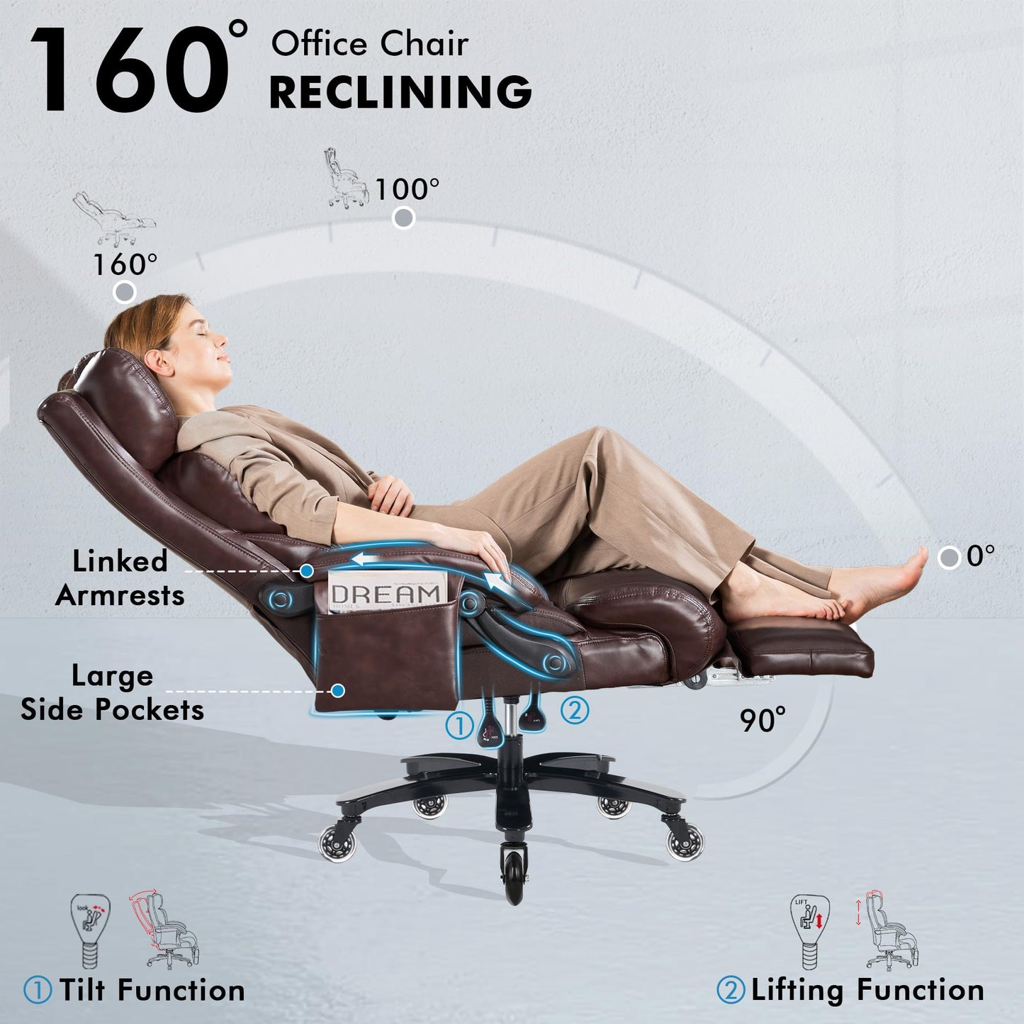 Big and Tall Ergonomic Office Chair with Footrest, Massage Cushion, Heavy Duty Lumbar Support Executive Desk Chair with Adjustable Headrest, High Back Reclining Computer Chair 500lbs, Leather, Brown
