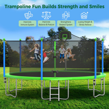 Tatub 16FT Trampoline for Kids and Adults, Outdoor Recreational Trampolines with Basketball Hoop & Enclosure Net, Green