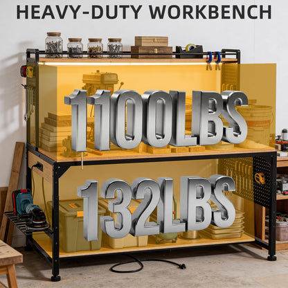 DWVO 59in Large Adjustable Height Workbench with Pegboard & LED Light, 1100lbs Load Heavy Duty Work Bench on Wheels. 59"x31" Work Table for Garage, Workshop, with AC/USB Outlet, Storage Shelf, Hooks