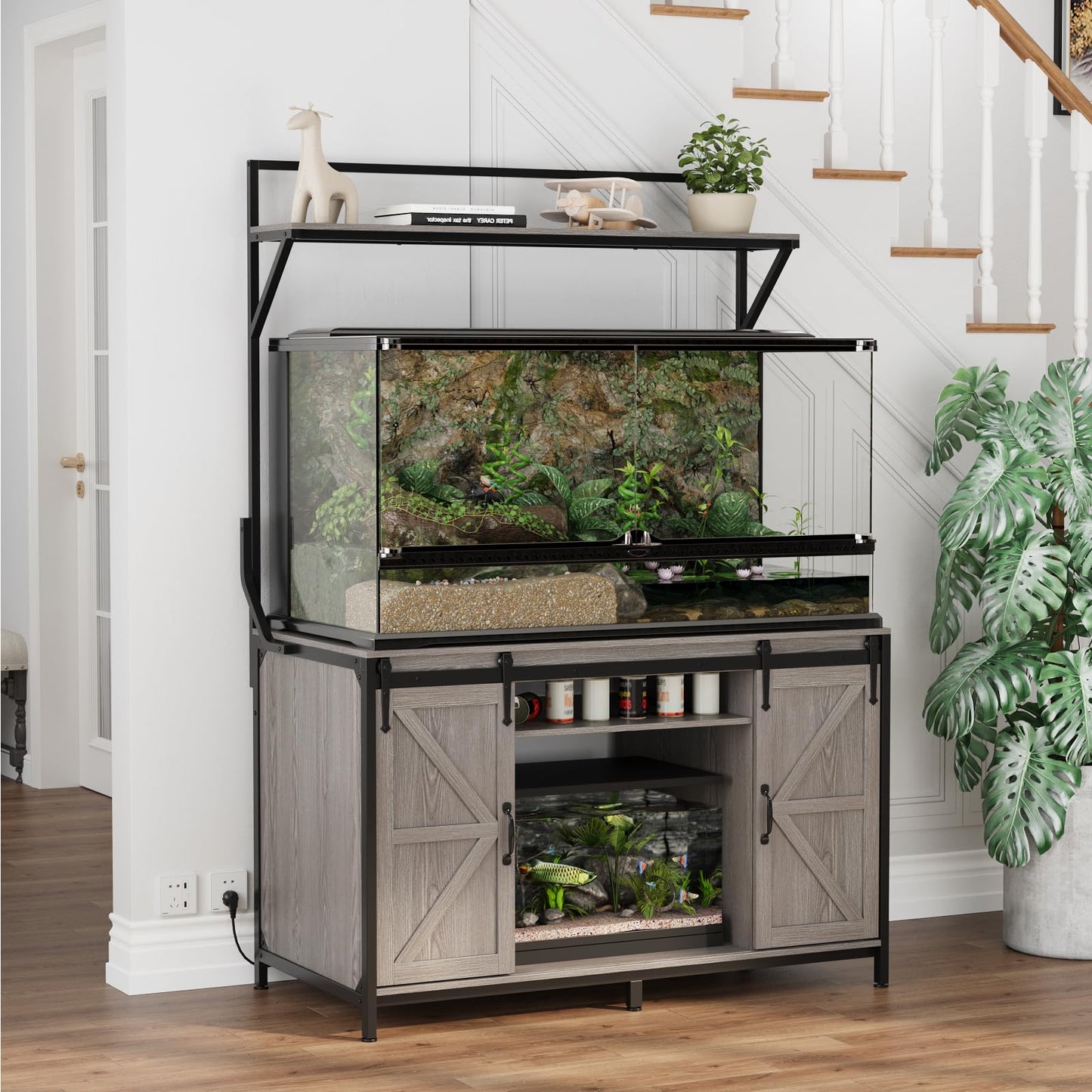 VOWNER Farmhouse Reptile Tank Stand with Power Outlet, 48" X 24" Tabletop Fits up to 120 Gallon Bearded Dragon Tank, Heavy Duty Aquarium Stand with Storage Cabinet, Reptile Turtle Terrarium Stand Grey