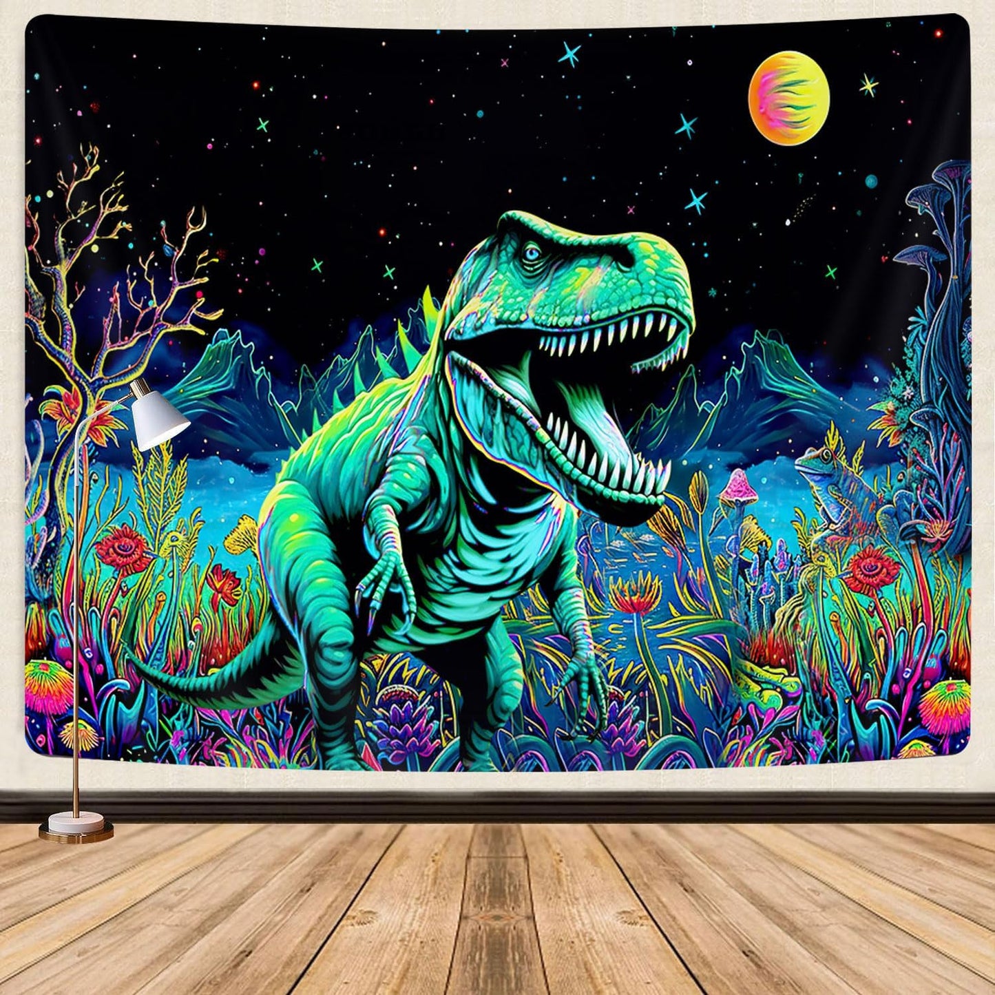 Blacklight Dinosaur Tapestry, Neon Funny Dino Frog Mountain Art UV Reactive Tapestries for Bedroom Boys Kids Decor