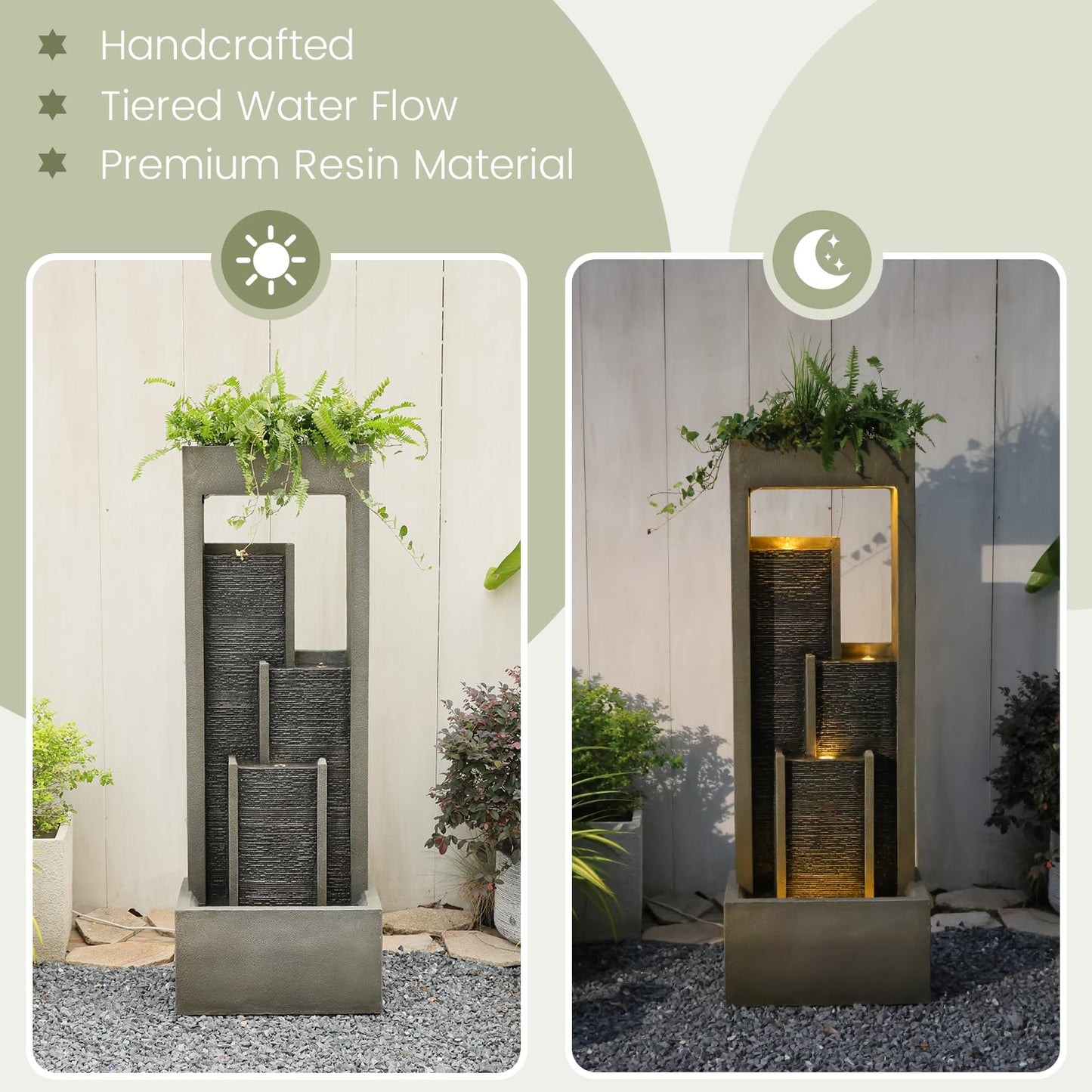 Takamota Indoor Waterfall Fountain, 52" Modern Tiered Indoor Water Feature with LED Lights, Resin Freestanding Garden Water Fountain for Patio, Room Decor Backyard Waterfall Feature, Gray Stone Look
