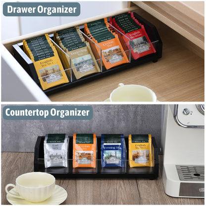 Tea Bag Holder Organizer Box with 4 Compartments, Pine Wood and Acrylic, 13.5 x 4.9 x 3.1 inches for Drawer, Cabinet, Countertop, Tea Tray (Black)