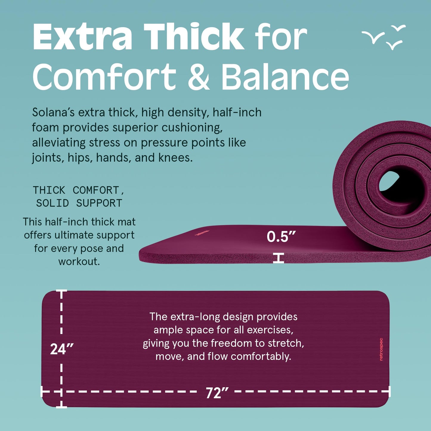 Retrospec Solana Yoga Mat 1/2" Thick w/Nylon Strap for Men & Women - Non Slip Exercise Mat for Yoga, Pilates, Stretching, Floor & Fitness Workouts
