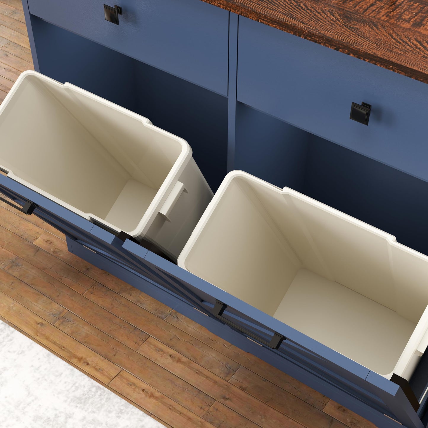 Blue Double Tilt Out Trash Cabinet for 20 Gallon Trash Cans, Free Standing Recycling Cabinet with Hideaway Drawer, Barn Door Style Laundry Sorter Cabinet, Tilt Out Trash Cabinet for Kitchen
