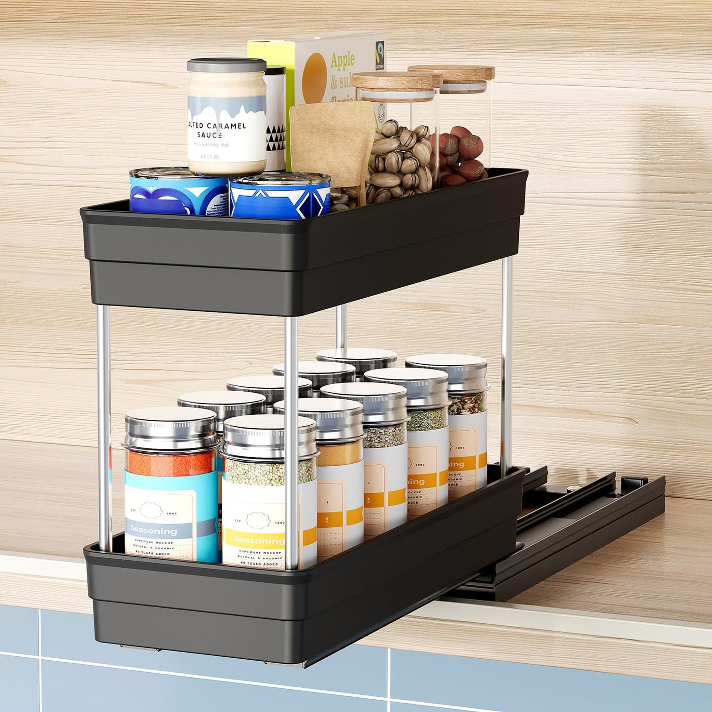 Nieifi Spice Organization for Cabinet-Vertical Spice Rack Pull Out-Spice Rack Organizer for Cabinet-4-1/3 inch Wide-Seasoning Kitchen Organizer-4.3" W x 10.6" D x 8.7" H-2 Pack-2 Tier