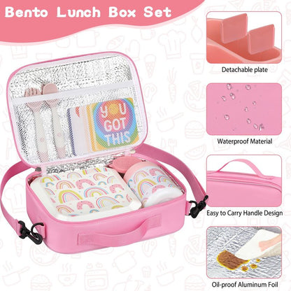 wiwens Bento Lunch Box for Kids with 12oz Soup Thermo Leak-Proof Lunch Food Container with 5 Compartment Thermo Hot Food Jar and Insulated Lunch Bag for Kid Toddler Girls Boys to School