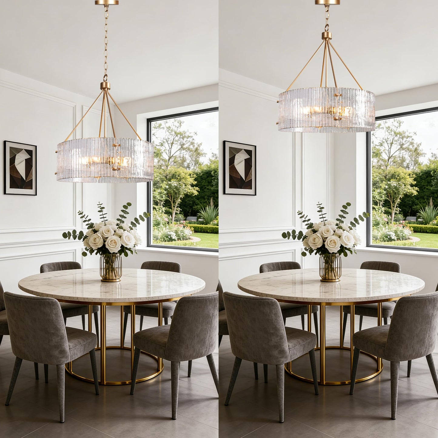 Obihivlo Gold Patterned Glass Chandeliers for Dining Room, D23'' Modern Drum Crystal Chandelier, 6-Light Farmhouse Pendant Hanging Ceiling Fixture for Kitchen Island Living Room Foyer Bedroom (E26)