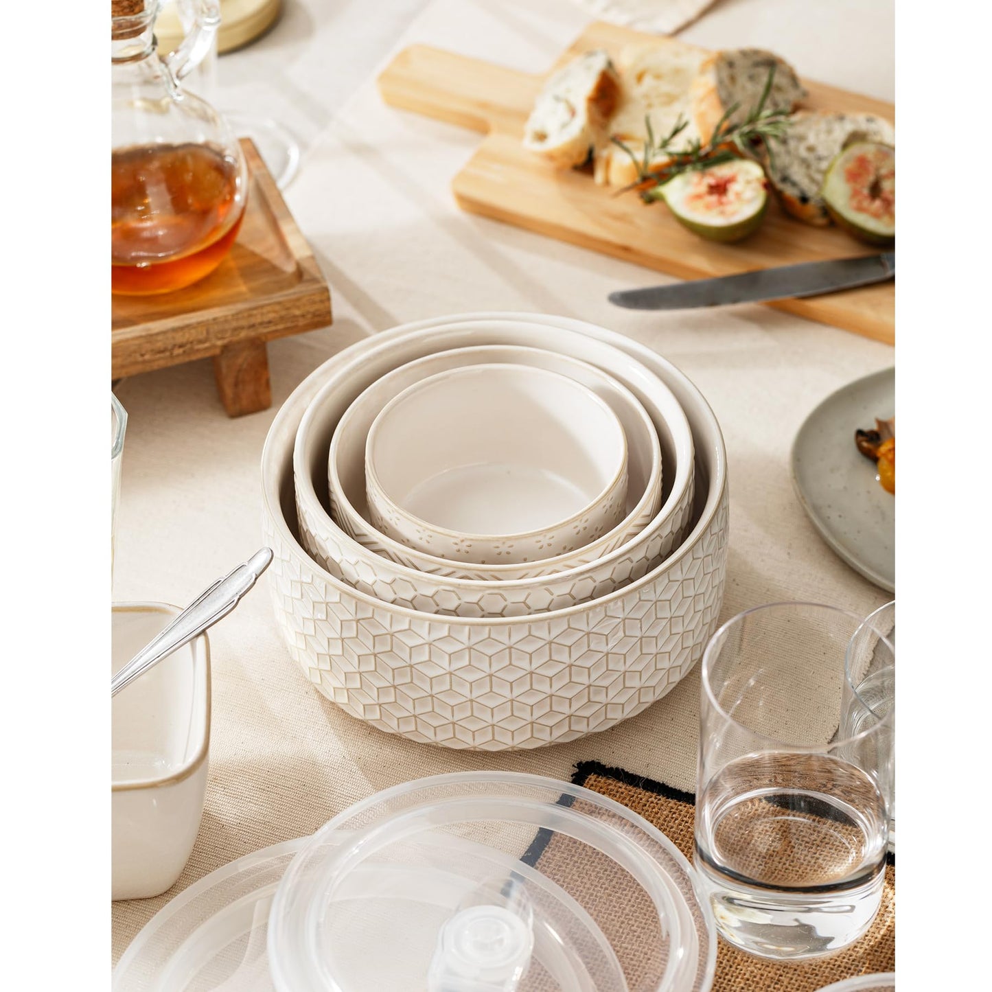 MIKIGEY Serving Bowls with Lids, Ceramic Embossed Nesting Mixing Bowls, Set of 4, Serving Bowls Set for Food Storage, Popcorn, Salad etc, Microwave & Dishwasher Safe, 10/18/33/50 OZ, Off-White