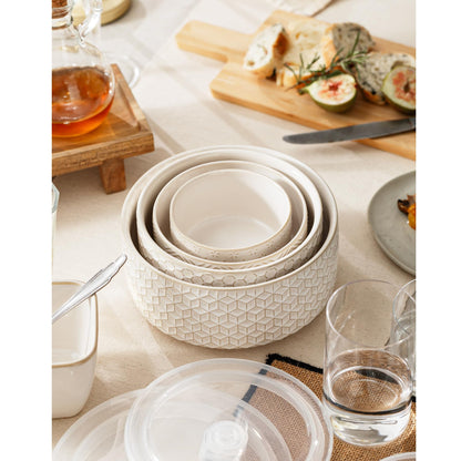 MIKIGEY Serving Bowls with Lids, Ceramic Embossed Nesting Mixing Bowls, Set of 4, Serving Bowls Set for Food Storage, Popcorn, Salad etc, Microwave & Dishwasher Safe, 10/18/33/50 OZ, Off-White