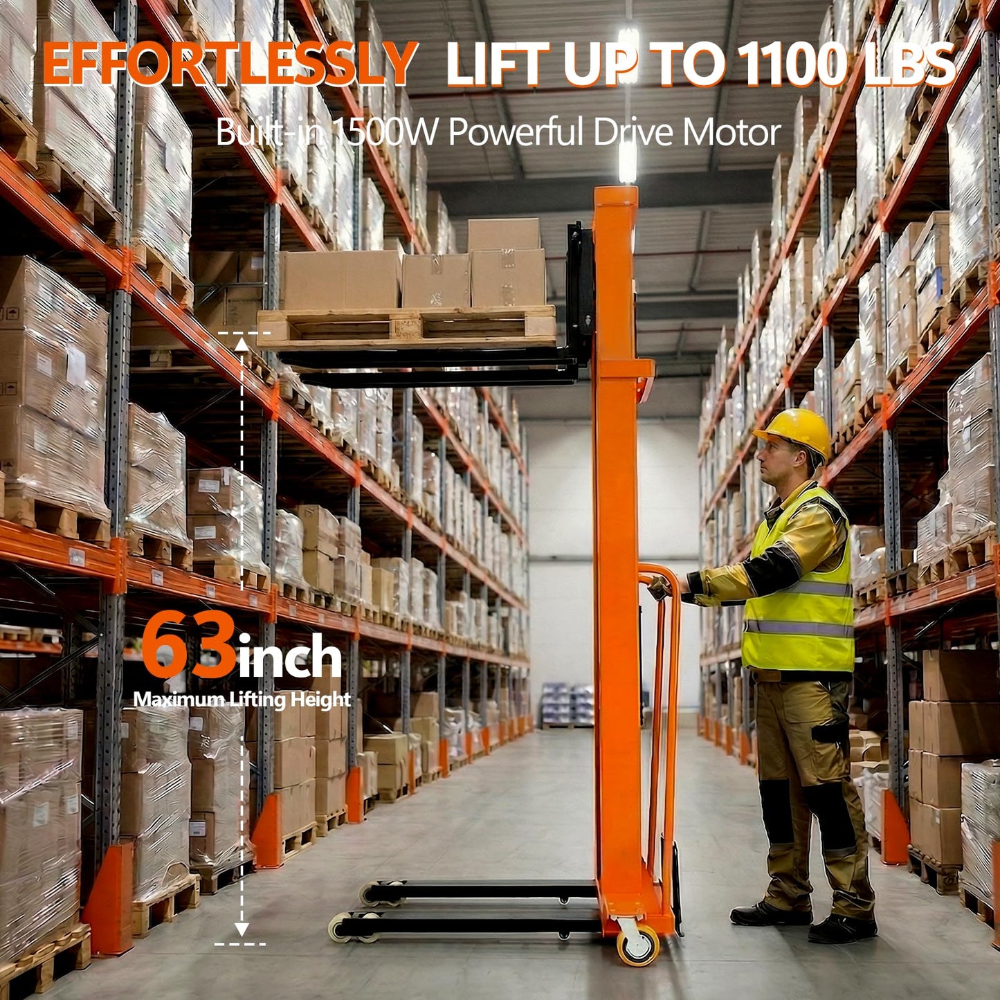 1100 Lbs Electric Manual Pallet Stacker, 63" Lift Height 1500W Powered Walkie Stacker with 48V 10Ah Battery, Manual Hand Forklift Pallet Truck for Warehouse, Logistics, Workshop