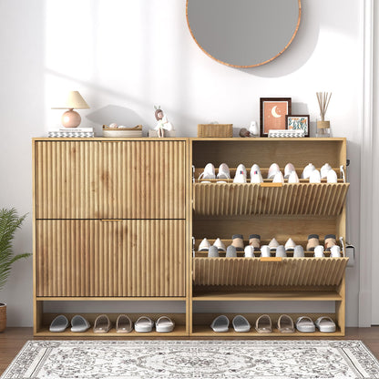 GarveeHome Set of 2 Fluted Shoe Cabinets for Entryway, Slim Freestanding Shoe Storage with Flip Drawers, Open Shelf & Side Hooks, Narrow Shoe Organizer Cabinets for Hallway or Family Entryway, Oak