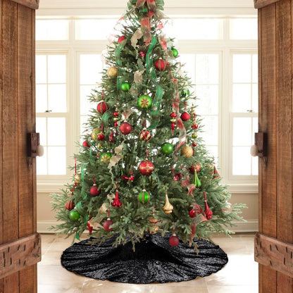 Poise3EHome Black Christmas Tree Skirt, 36 Inch Sparkle Sequin Mat for 6ft Tree Halloween Xmas Party Decor