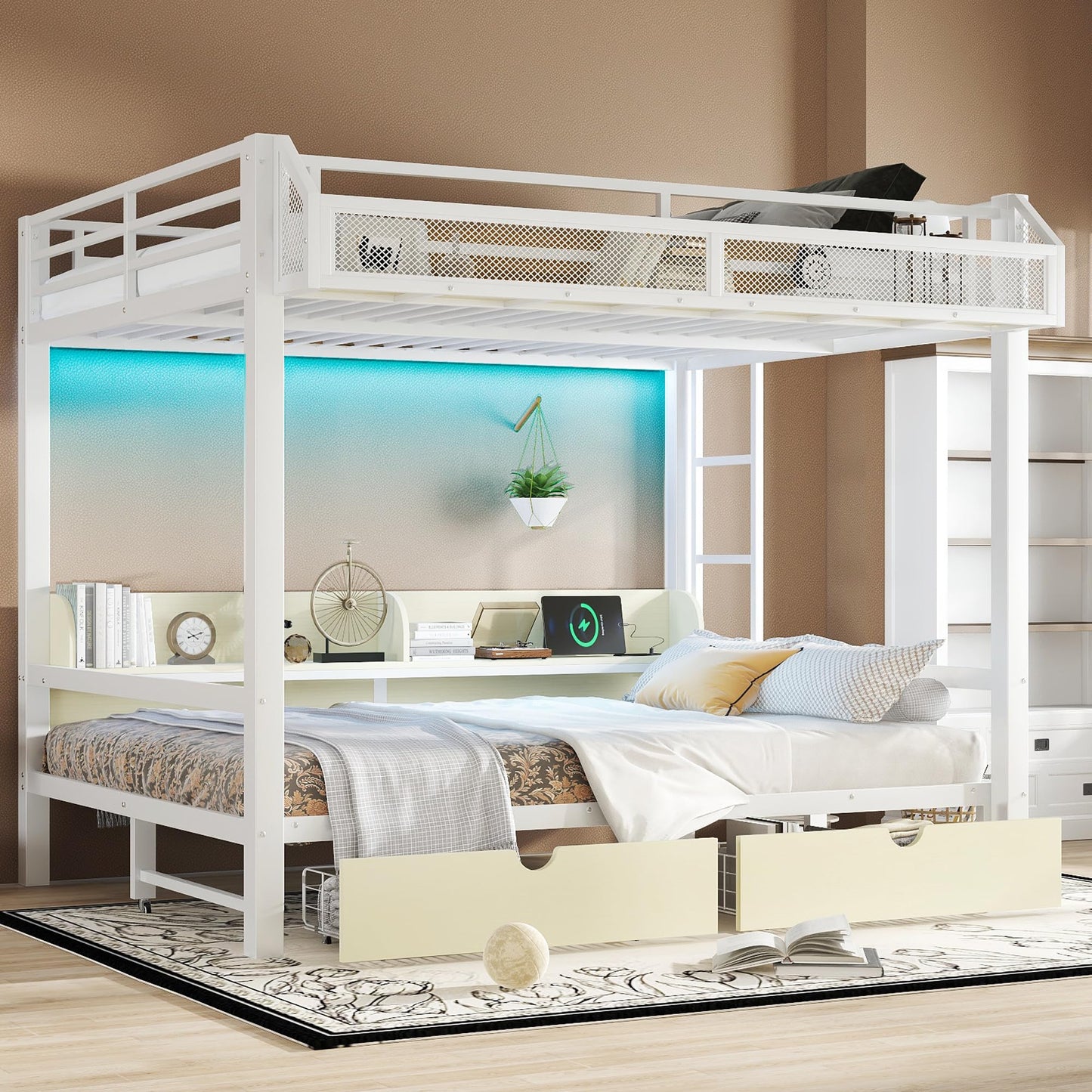 Bellemave Queen Over Queen Metal Bunk Bed with Storage Drawers and Shelves, Heavy Duty Bunk Beds with LED Lights and Charging Station for Kids,Adults,Convertible into a Sofa Bed,White