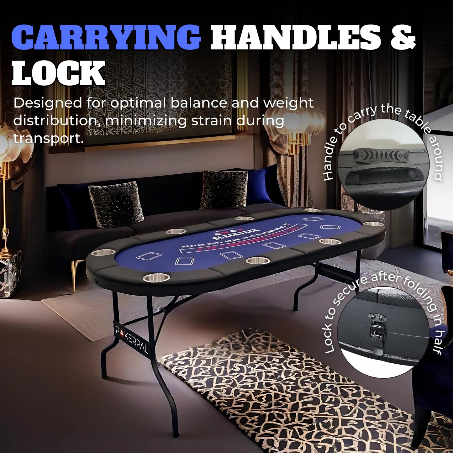8 Player Poker Table with 2 Interchangeable Game mats, Texas Holdem Poker and Blackjack, Collapsible Casino Table with Padded Rails and XXL Cup Holders for Wine and Whiskey Glasses, (71 in) - Blue