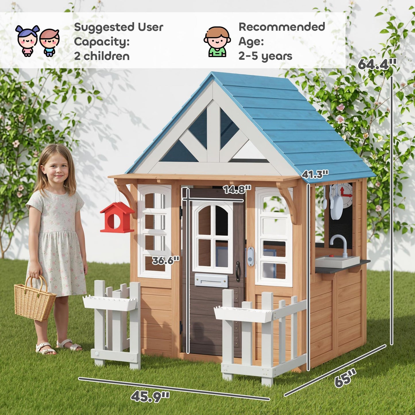 Qaba Outdoor Playhouse with Pet Door, Wooden Kids Playhouse with Play Kitchen, Mailbox, Doorbell, Birdhouse, Fence and Windows for Garden, Backyard, Indoor Playroom Pretend Play, Ages 2+, Brown