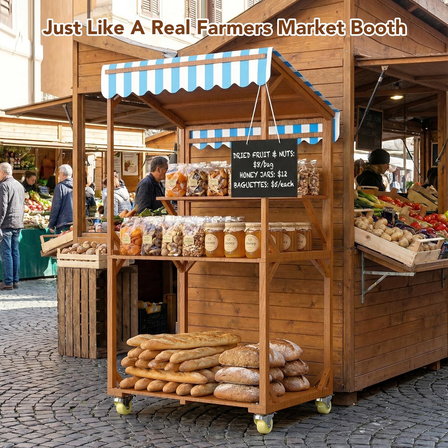 SUNRISELAND Wooden Farm Stand Cart, Solid Wood Farmers Market Stand with Wood Roof, Heavy Duty Display Table with Lockable Wheels, for Events & Small Business, Light Brown
