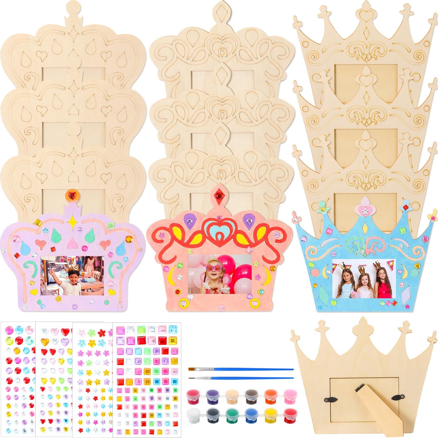Blueweenly 12 Pcs DIY Picture Frame Painting Craft Kits for Kids Wooden Crown Princess Party Favors Paint and DIY Your Own Frame with 88 Cell Rhinestone Stickers 12 Color Paint Girl Birthday (Square)