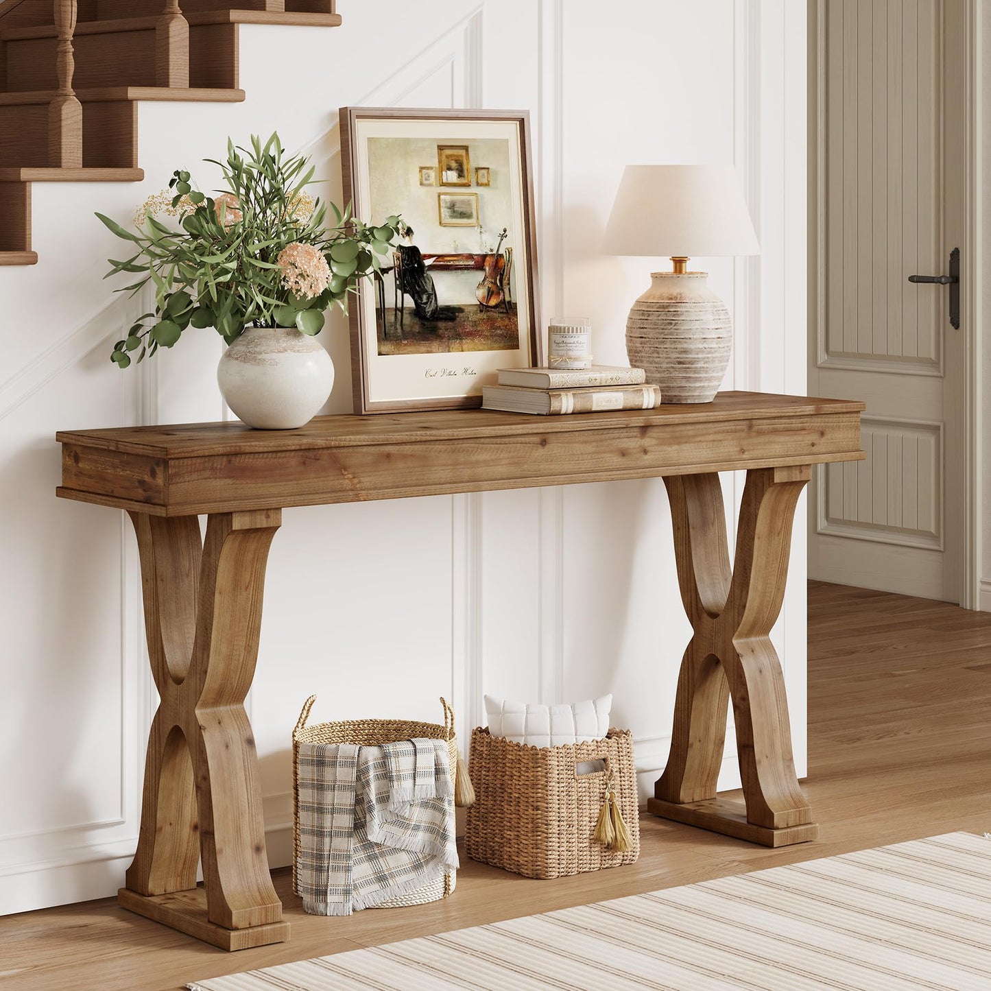 TRIBEWOOD 63-Inch Solid Wood Console Table, Farmhouse Entryway Table with X-Shaped Legs, Long Sofa Table for Living Room, Hallway, or Foyer, Easy Assembly, Anti-tip Kits