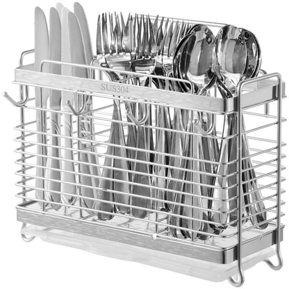 OMISTAR Silverware Drying Rack - Metal Basket, 3 Compartments Stainless Steel Wire Holder, Kitchen Countertop Organizer with 4 Hooks for Forks, Spoons, Chopsticks