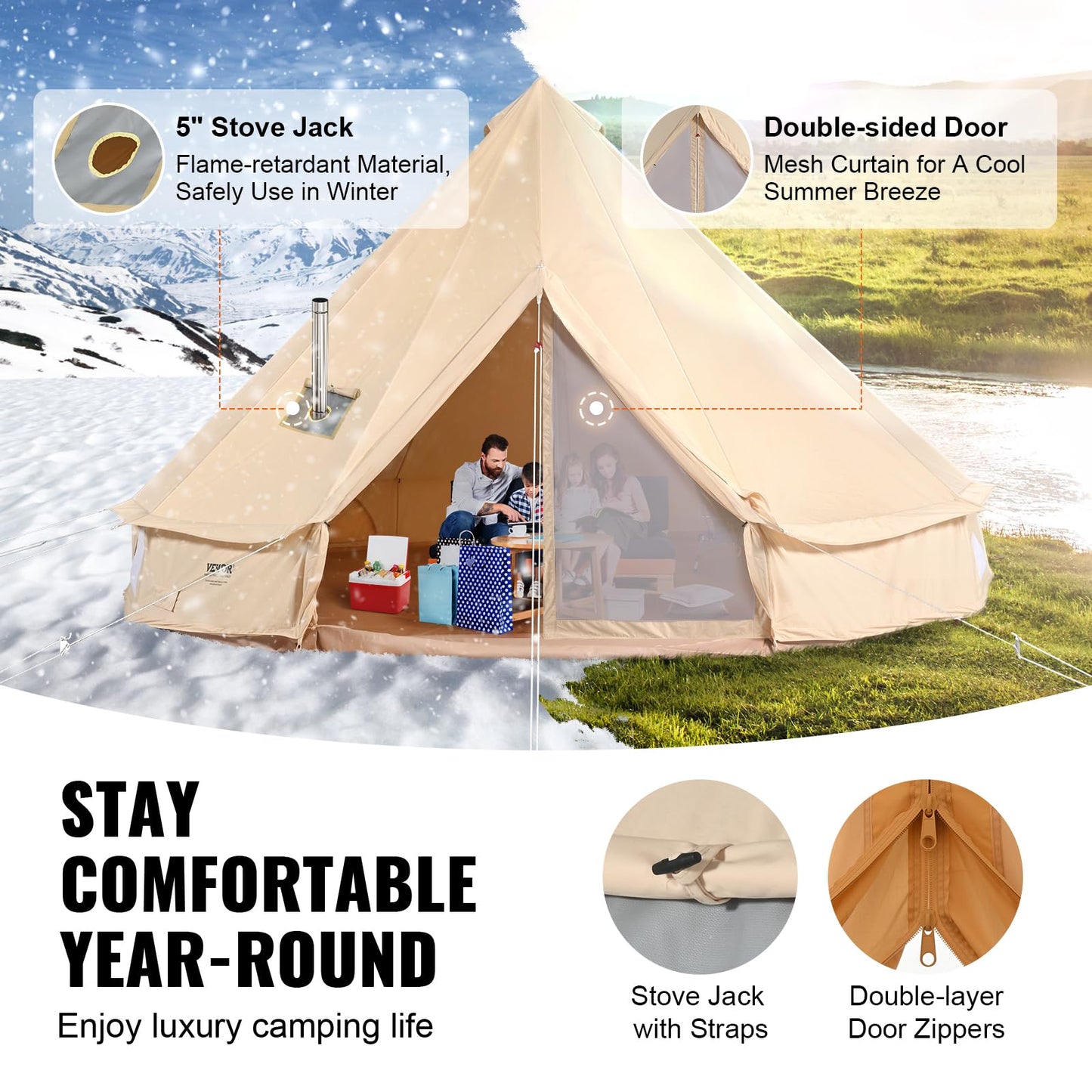 VEVOR Canvas Tent Bell Tent, 4 Seasons 4 m/13.12 ft, for Camping with Stove Jack, Family Camping Outdoor Hunting Party
