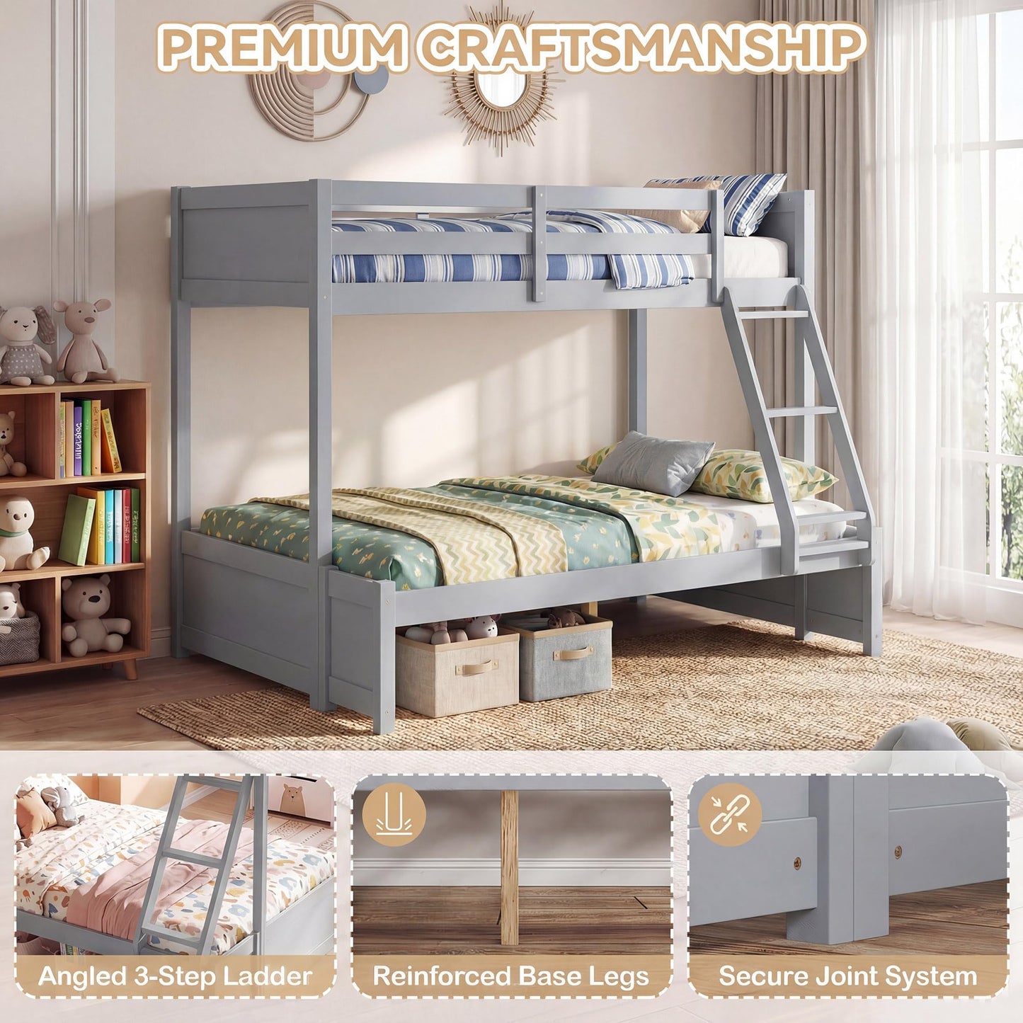 KOMFOTT Twin Over Full Bunk Bed, Pine Bed Frame with 3-Step Ladder, Full-Length Guardrails & 21 Wooden Support Slats, Solid Wood Bunk Bed for Teens, Kids, Adults, Dorms and Apartments (Grey)