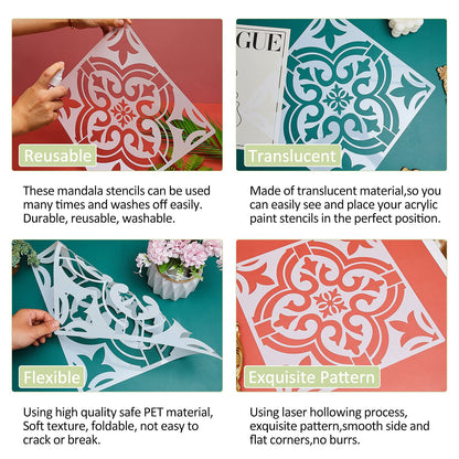 Mandala 6 Pieces Reusable Tile Stencil 12 x 12 Inches Wall Templates Tile Pattern Stencil Mandala Drawing Templates for DIY Scrapbooks Wall Floor Home Decors