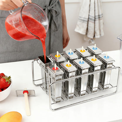 Popsicle Molds Set 10 Pieces Stainless Steel Popsicle Maker, Homemade Popsicle Molds with 100 Sticks, 20 Bags, 22 Silicone Seals, 1 Cleaning Brush & 1 Stand, Ice Pop Mold Maker for Kids (Square)