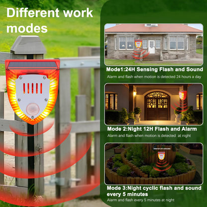 QXMH Solar Outdoor Motion Sensor Alarm: 129db Dog Barking & Gunshot Sound,Loud Motion Detector Noise Maker,Barking Dog Alarm Strobe Light Warning Lamp for Home Yard Barn