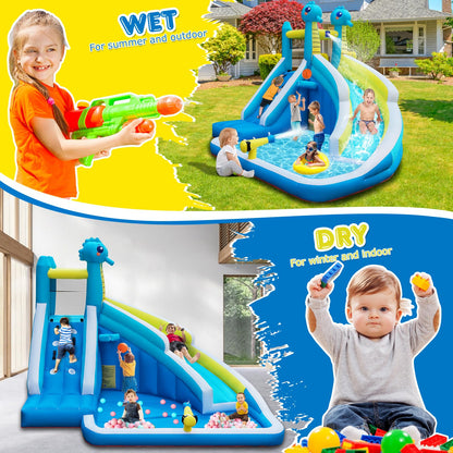 Seahorse Inflatable Water Slide for Kids Backyard | 5-in-1 Blow Up Splash Park with Climbing Wall, WaterSlide, Water Cannon, Basketball Hoop & 480W Blower| Indoor/Outdoor Toys for Ages 3+