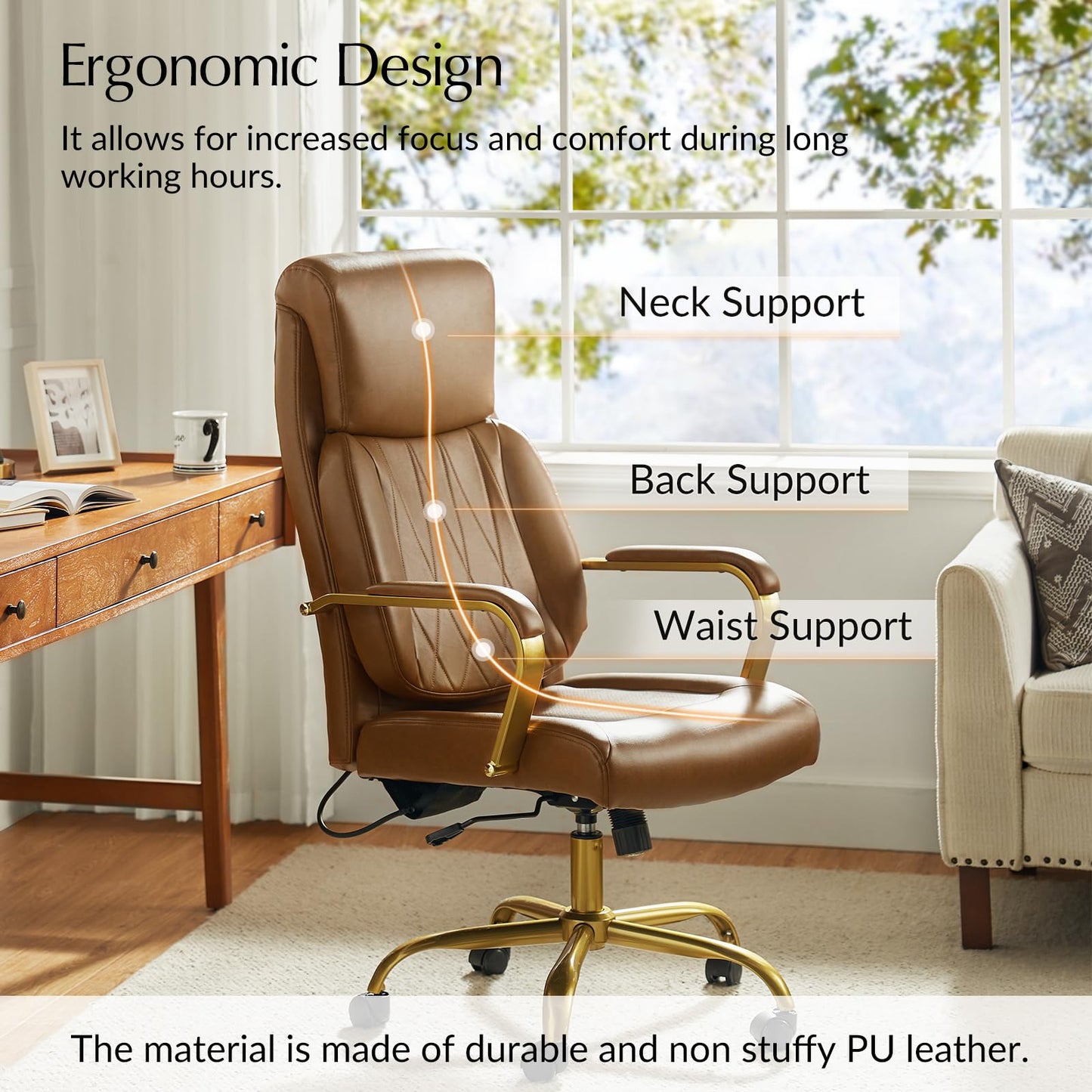 HULALA HOME Executive Office Chair, Adjustable Airbag Lumbar Support, Modern Leather Ergonomic Office Chair with Padded Armrests, Tilting & Swivel, Camel and Gold