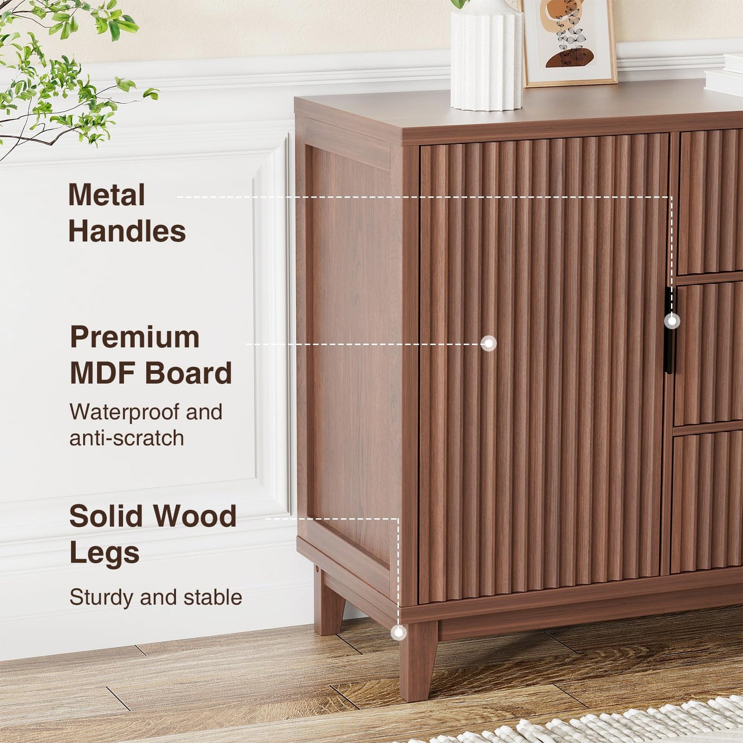 47.2" W Storage Cabinet with 3 Drawers, Fluted Buffet Cabinet with Storage, Large Sideboard with 2 Door, Modern Mid Century TV Stand Coffee Bar Cabinets for Living Room, Kitchen, Entryway