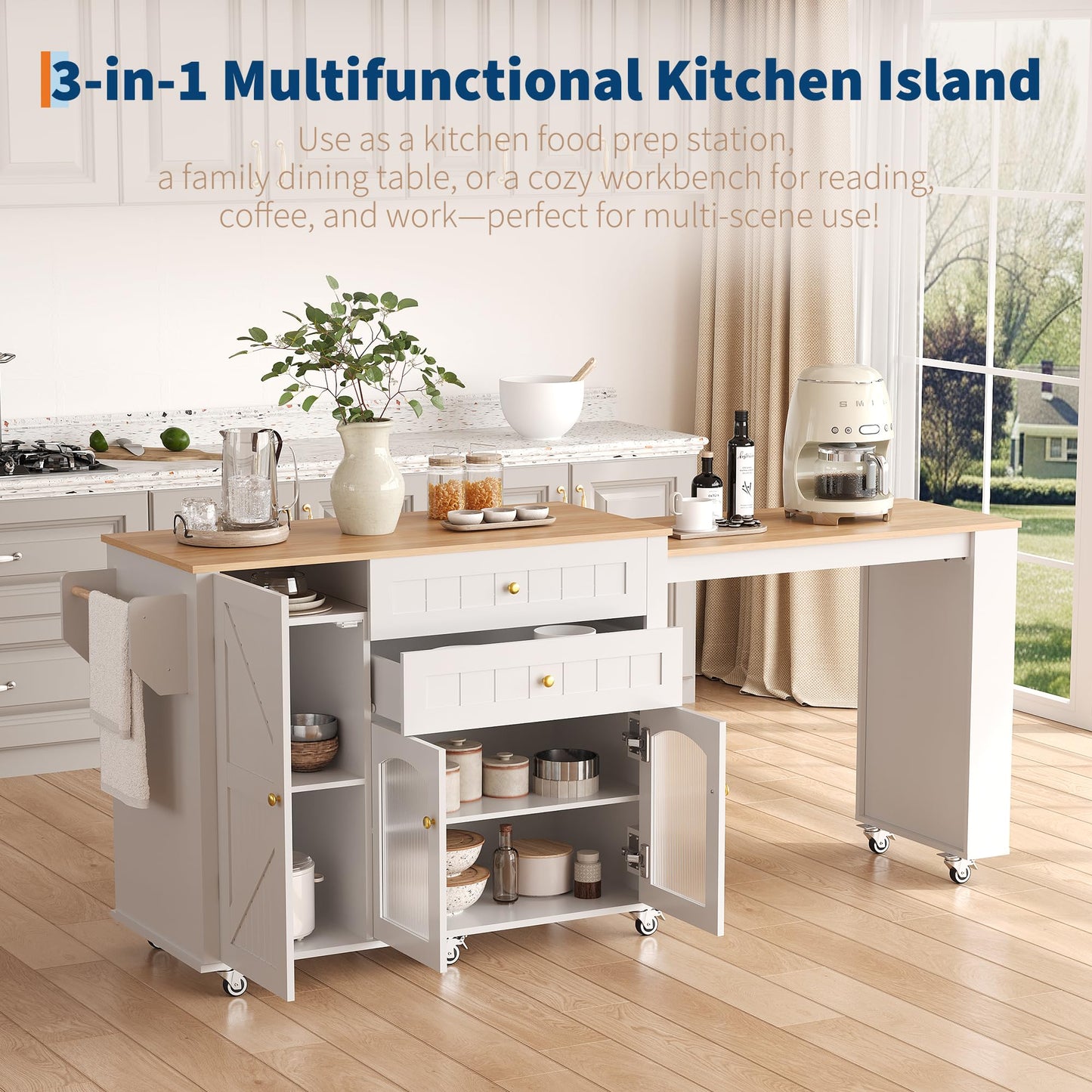 Garvee 78.3” Rolling Kitchen Island with Extendable Table, Storage Cabinet, Drawers & Shelves, White Modern Mobile Island Cart on Wheels, Island Table with Seating for Kitchen, Dining Room, Home Bar