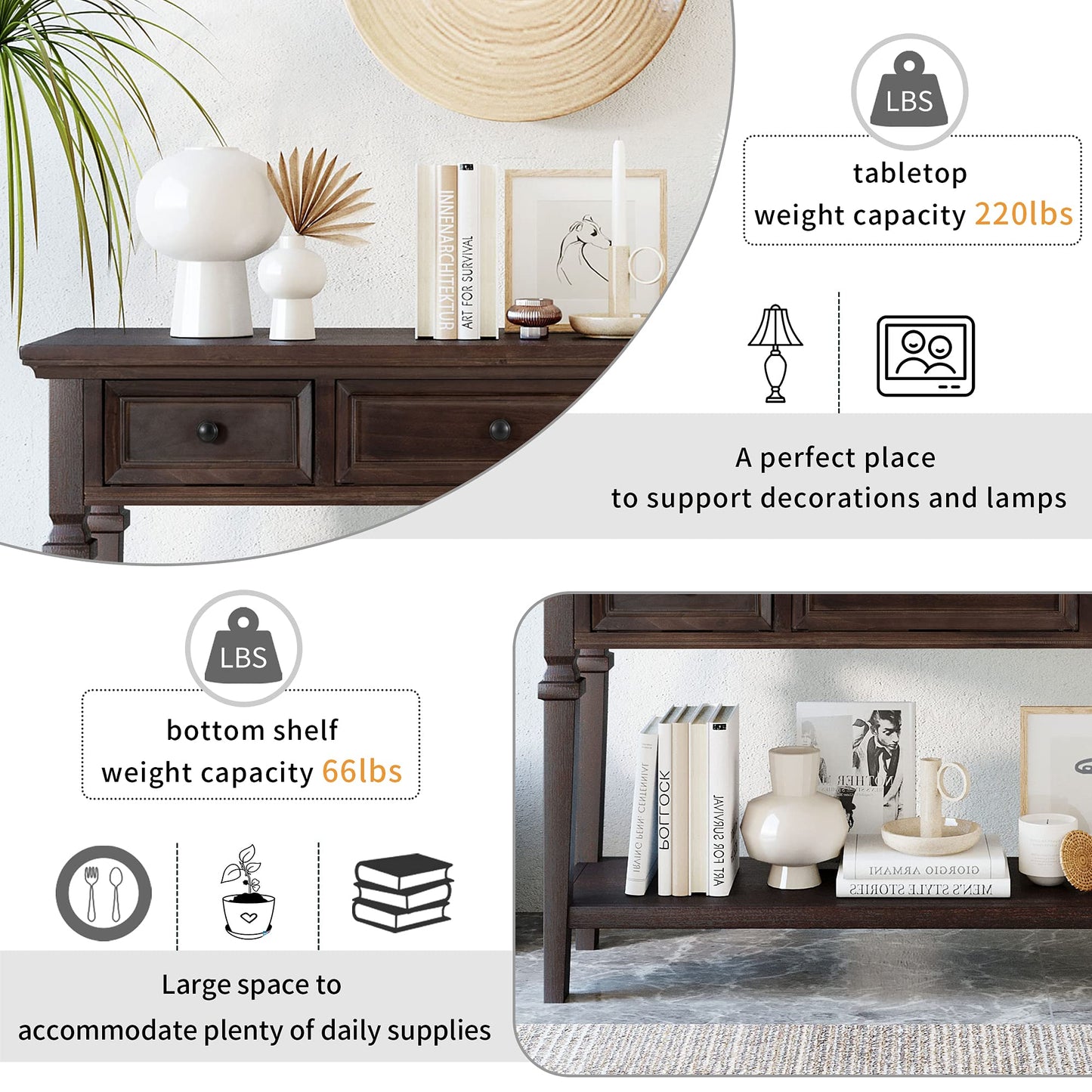 Merax Wood Farmhouse Entry Way Hallway Console Table with Drawers and Bottom Shelf Narrow Long Sideboard for Living Room Bedroom Espresso