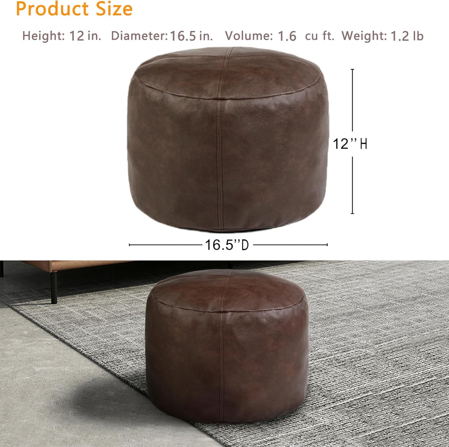 16.5Dx12H, Thgonwid Unstuffed Faux Leather Pouf Cover, Handmade Footstool Ottoman Storage Solution, Floor Footrest