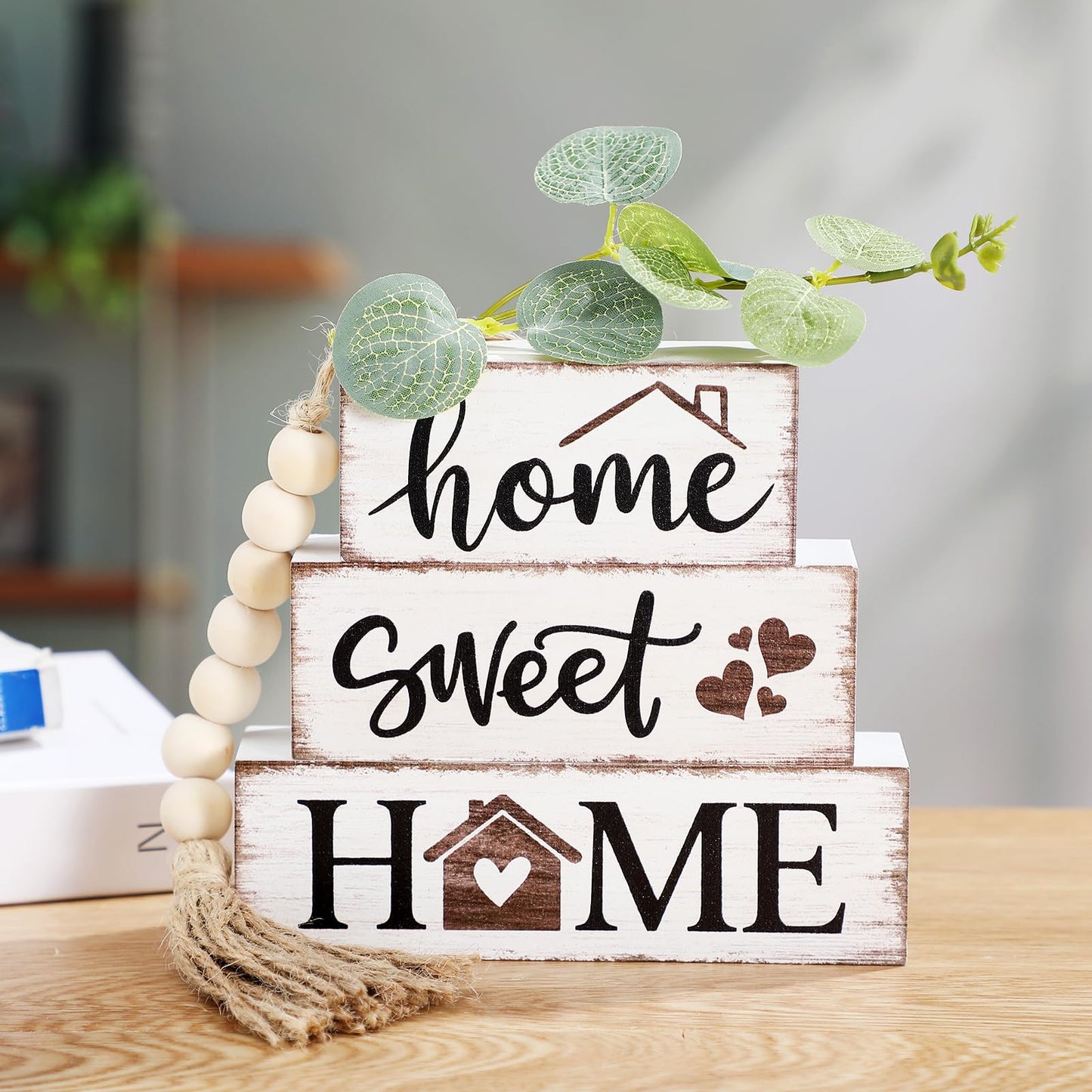 Yousoontic 5 Pcs Farmhouse Wooden Table Decor Rustic Tiered Tray Decor Neutral Block Sign Centerpiece with Bead Garland Faux Eucalyptus Leaves for Home Sweet Kitchen Entryway Living Room Shelves