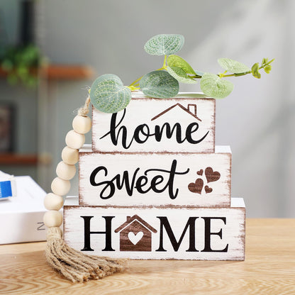 Yousoontic 5 Pcs Farmhouse Wooden Table Decor Rustic Tiered Tray Decor Neutral Block Sign Centerpiece with Bead Garland Faux Eucalyptus Leaves for Home Sweet Kitchen Entryway Living Room Shelves