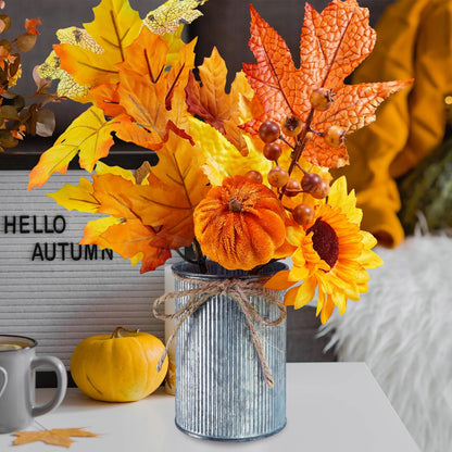 Winlyn 3 Pack Fall Faux Potted Plants Rustic Thanksgiving Floral Arrangements Artificial Fall Harvest Maple Leaf Picks in Metal Pots for Kitchen Home Autumn Wedding Table Centerpieces Mantel Decor