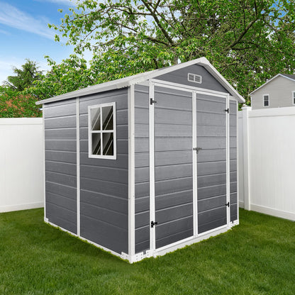 YOPTO 6x6 FT Storage Shed,Plastic Outdoor Storage Shed with Floor and Lockable Door,Waterproof Garden Shed W/Windows & Vents,Sloped Roof,Tool House for Storing Bicycles,Lawnmowers,Gray