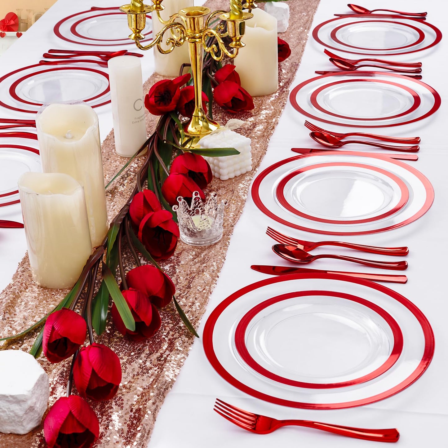 U-QE 120PCS Red Plastic Plates for Party - Red Plates Disposable Heavy Duty - Fancy Disposable Plates Include 60 10" Dinner and 60 7" Dessert Platos for Party, Mother's Day & Special Moments