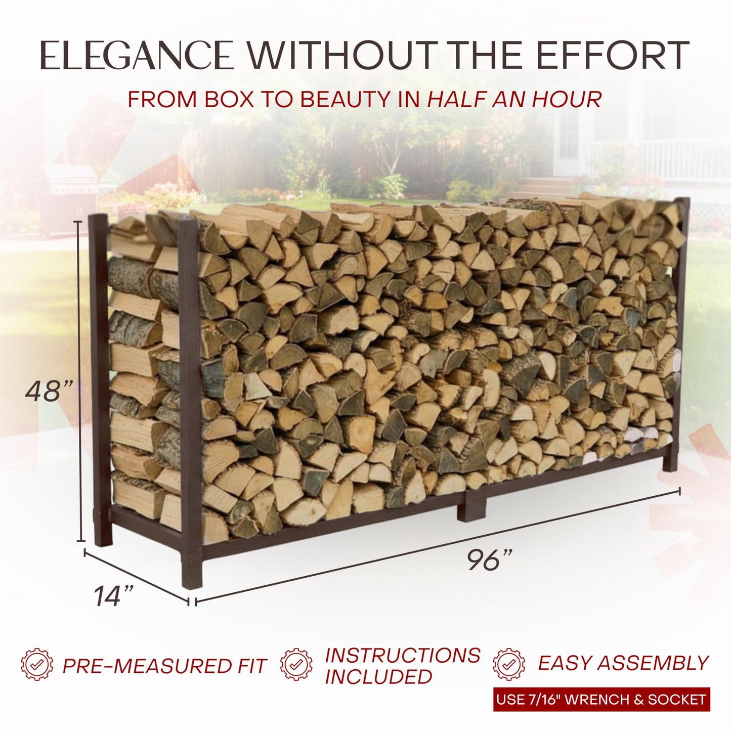 Woodhaven 8-Foot Firewood Rack – Made in USA – 1/2 Cord Raised Lumber Storage Rack – Keeps Wood Dry & Ready – Heavy-Duty Steel, Lifetime Structural Warranty (Without Cover)