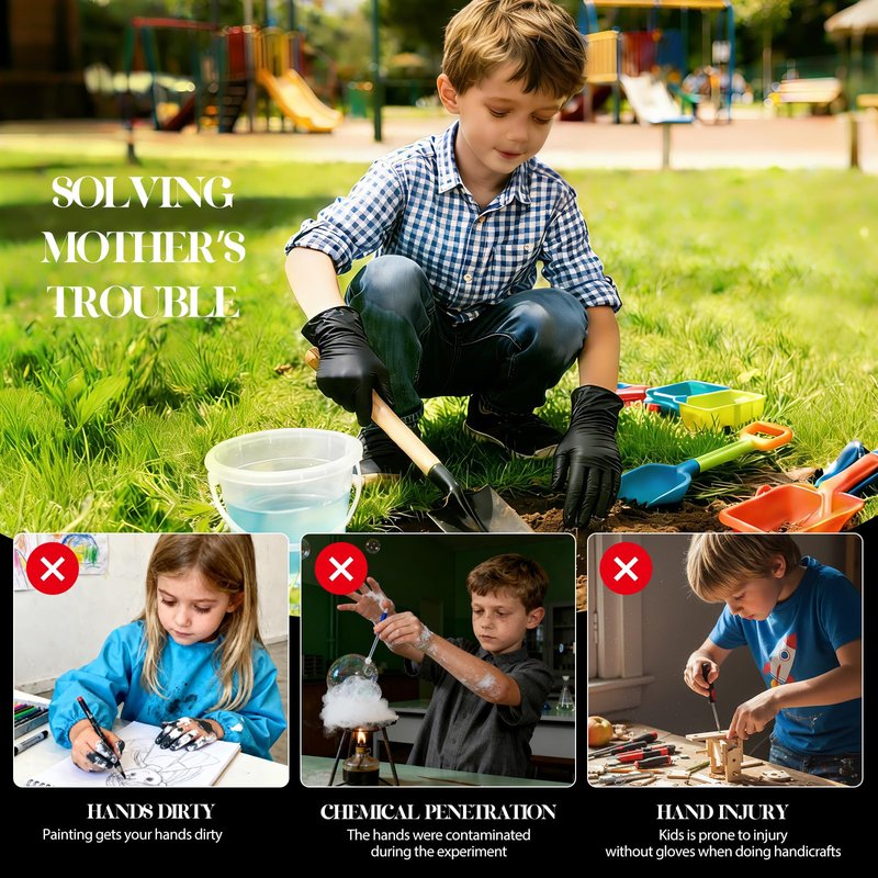 Xandoval Kids Disposable Gloves for 4-8 Years, 5Mil Small Black Nitrile Gloves for Work, Cleaning, Cooking, Gardening，Latex-Free and Powder-Free(XS,100PCS)