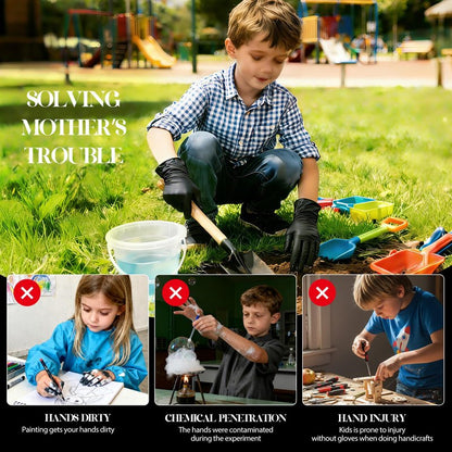 Xandoval Kids Disposable Gloves for 4-8 Years, 5Mil Small Black Nitrile Gloves for Work, Cleaning, Cooking, Gardening，Latex-Free and Powder-Free(XS,100PCS)